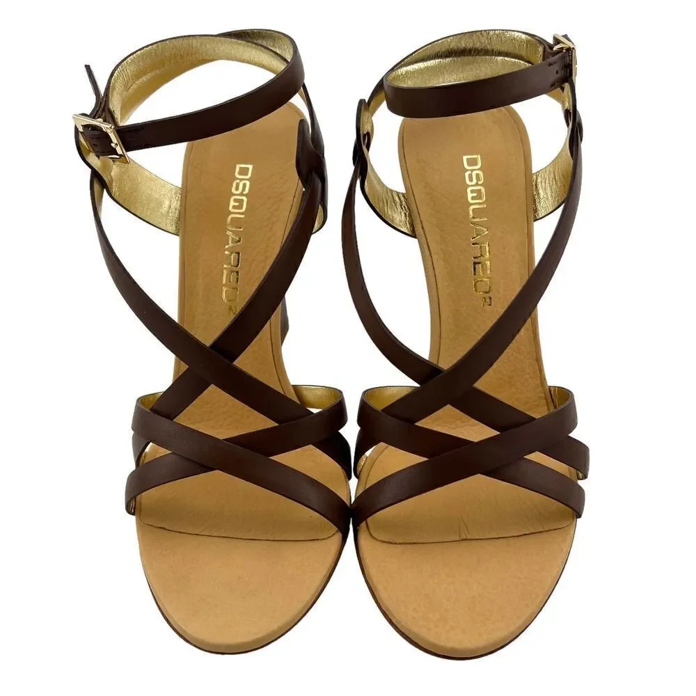 New DSQUARED 2 Women US 8 Brown Shoes Leather Heels Ankle Strap Pump Sandals